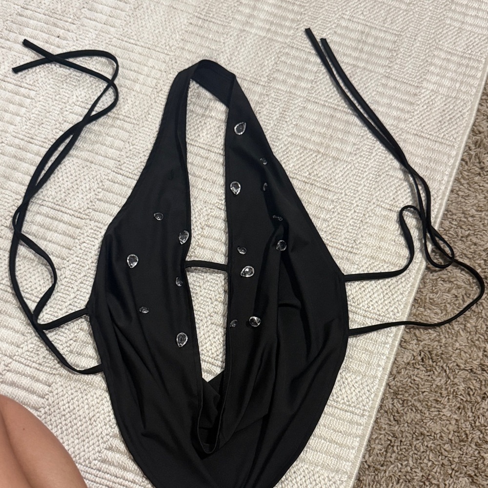 Black Halter One-Piece Swimsuit with Embellished Front